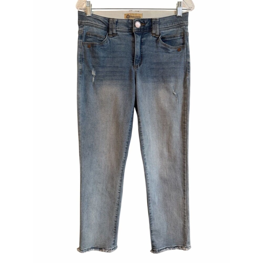 Democracy Ab Technology Jeans Womens 6 Blue Stretch Denim Distressed Frayed Hem